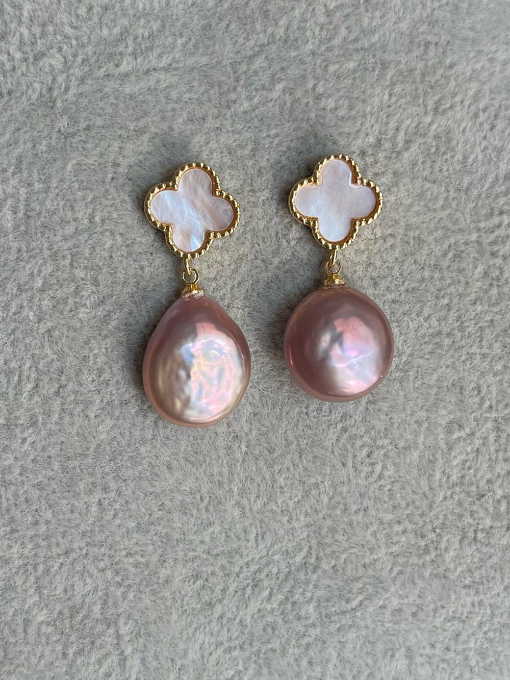 Pink Coin Pearl with Gold Clover Drop Earrings -925 silver posts